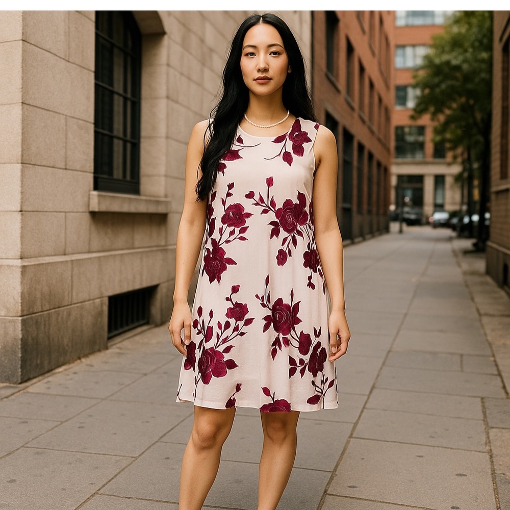 Beige by ECI - Embroidered Floral Sleeveless Dress - Burgundy and White